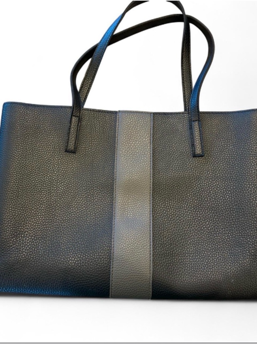 Vince Camuto Black Leather Tote Bag with Gray Center Stripe